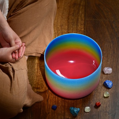 CVNC G Note Throat Chakra Rainbow Colored  Frosted Crystal Singing Bowl For Chakra Healing Meditation