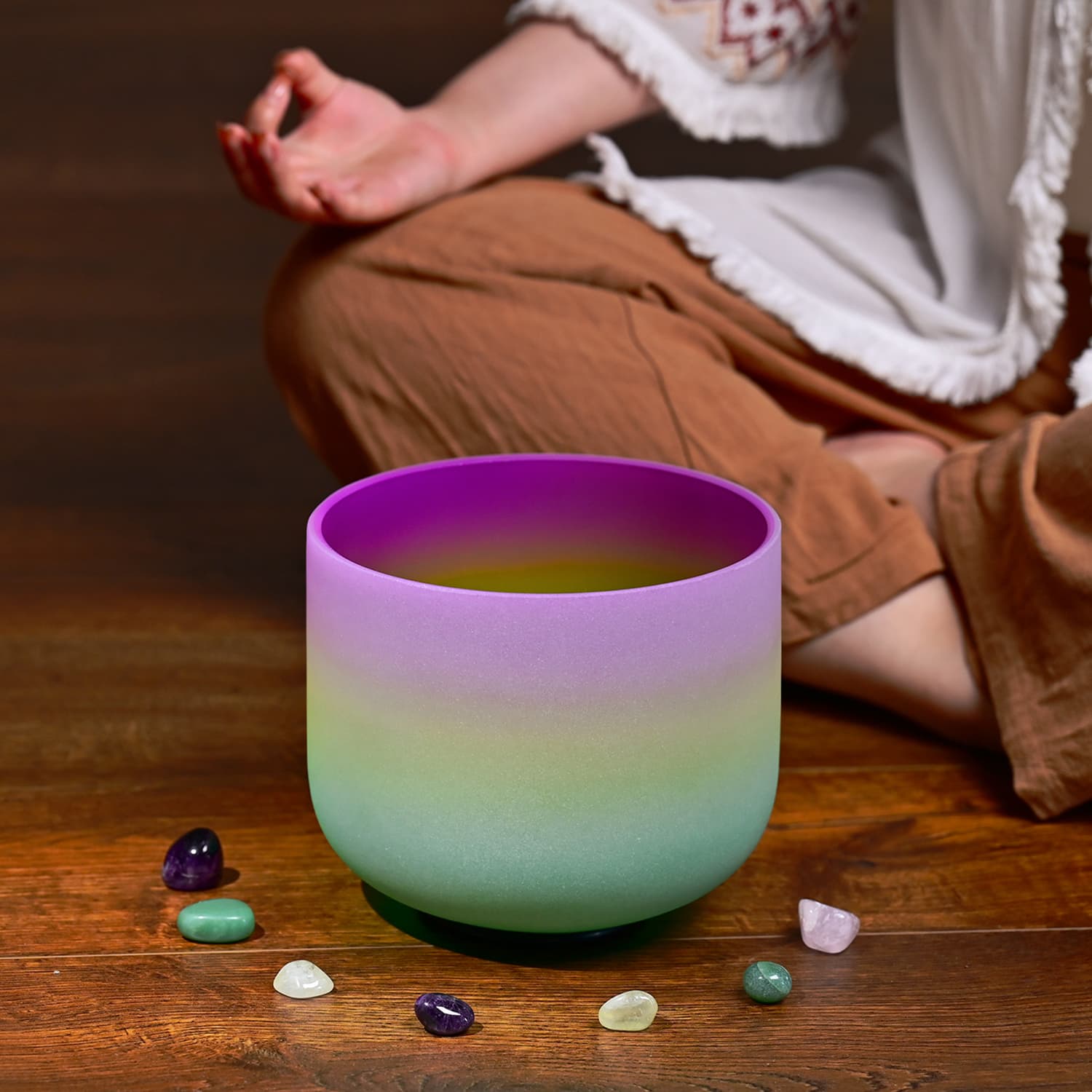 CVNC B Note Crown Chakra Rainbow Colored Frosted Crystal Singing Bowl For Chakra Healing Meditation