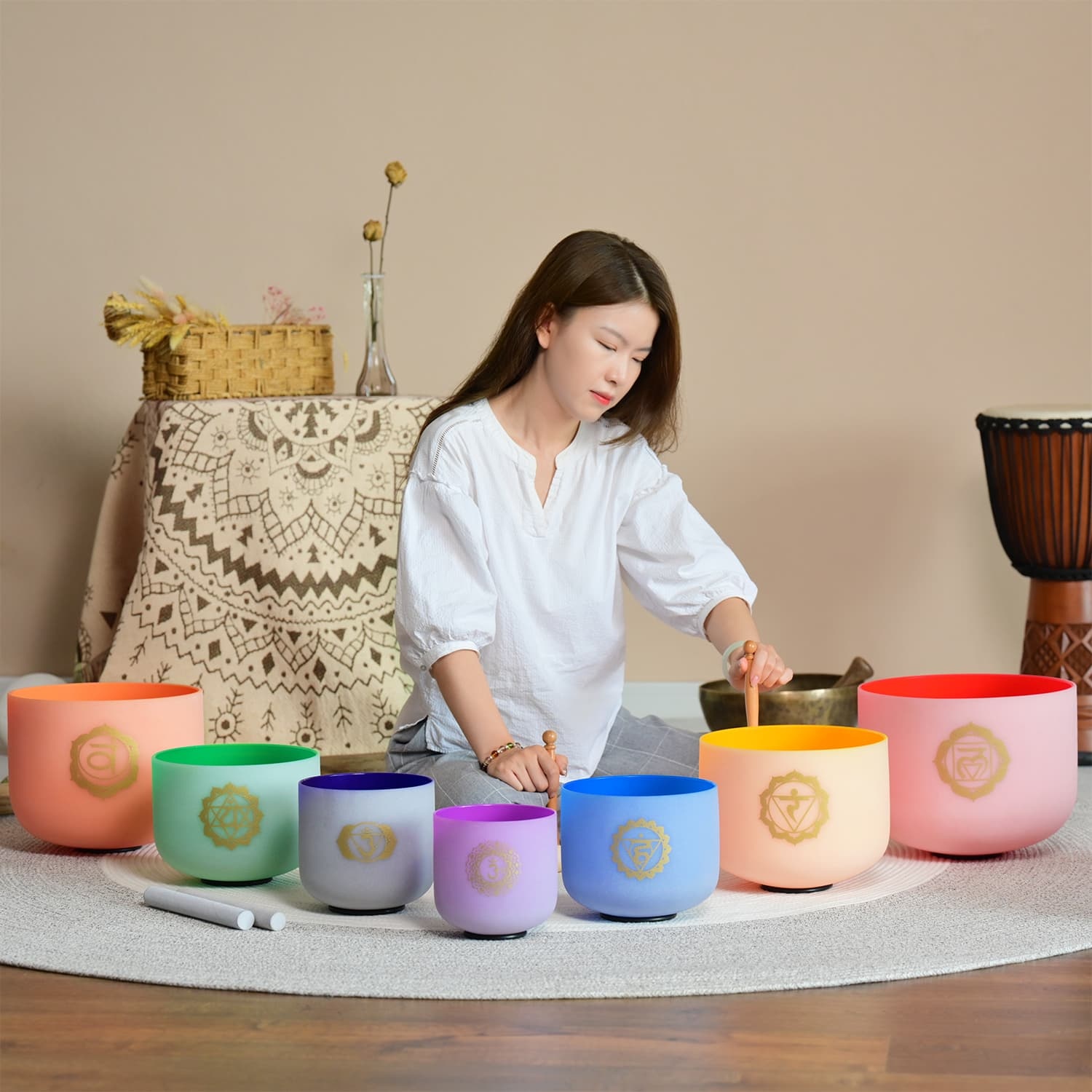 CVNC 6-12 Inch Set of 7 Color Frosted Chakra Quartz Crystal Sound Singing Bowls With Carrier Bag For Chakra Healing Meditation