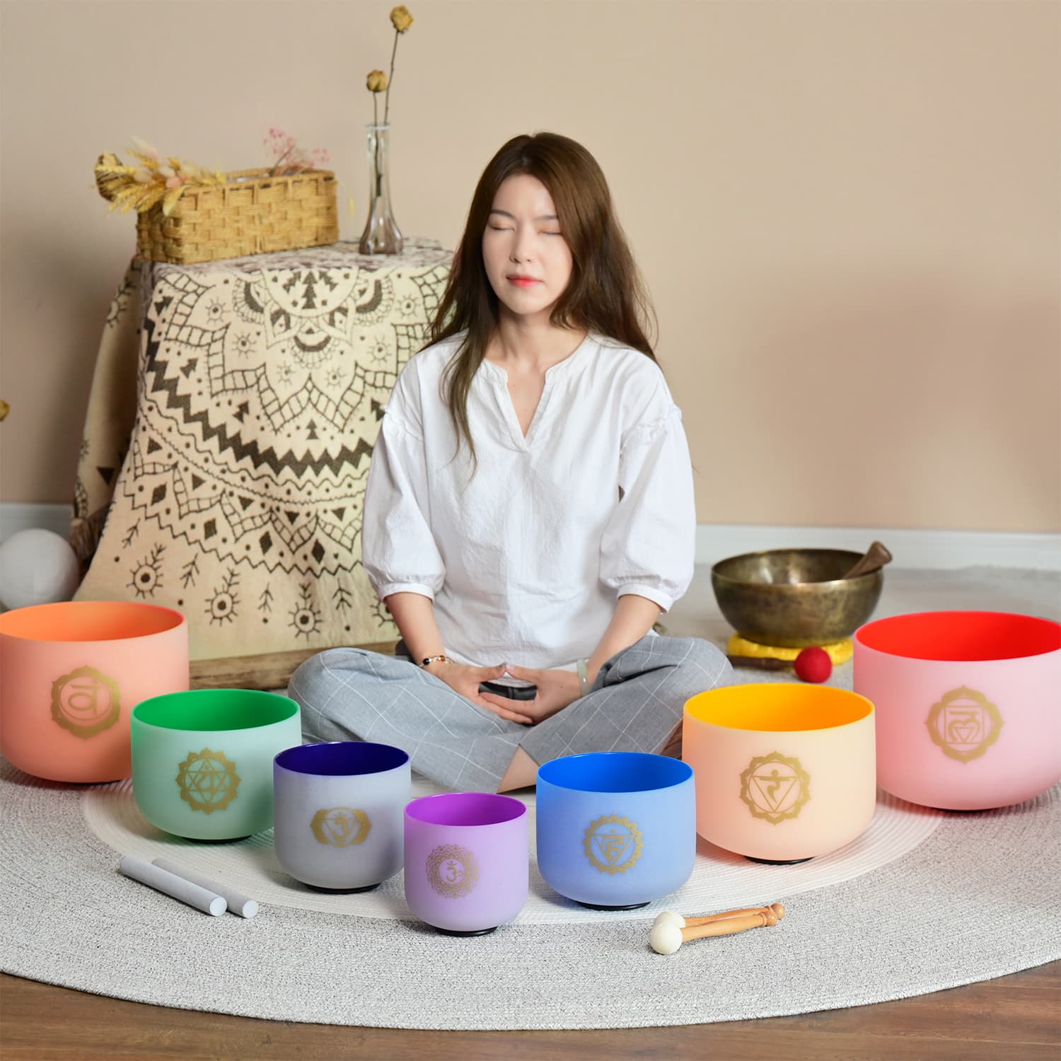 7-Chakra Quartz Crystal Singing Bowl Set with Carrying Bag for Sound Healing