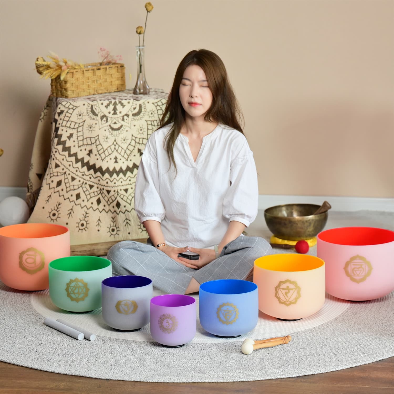 7-Chakra Quartz Crystal Singing Bowl Set with Carrying Bag for Sound Healing