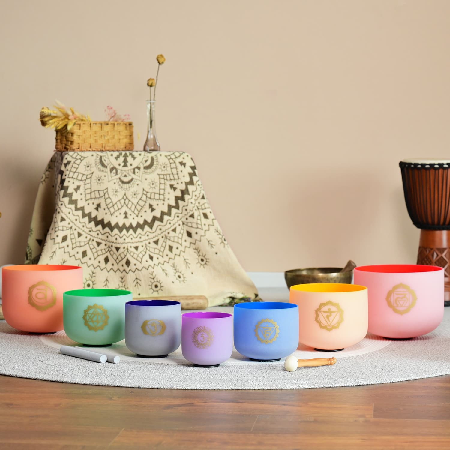 CVNC 6-12 Inch Set of 7 Color Frosted Chakra Quartz Crystal Sound Singing Bowls With Carrier Bag For Chakra Healing Meditation