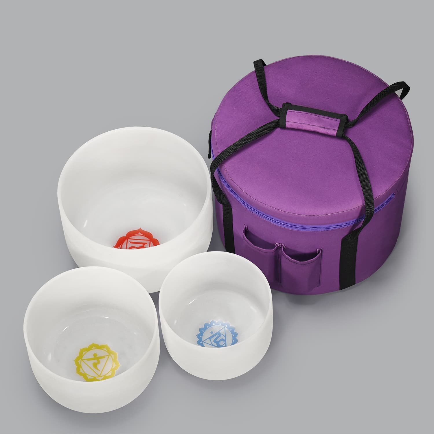 CVNC 8"G 10"E 12"C Chakra Symbol Design Crystal Singing Bowl Set With Carrier Bag For Chakra Healing Meditation