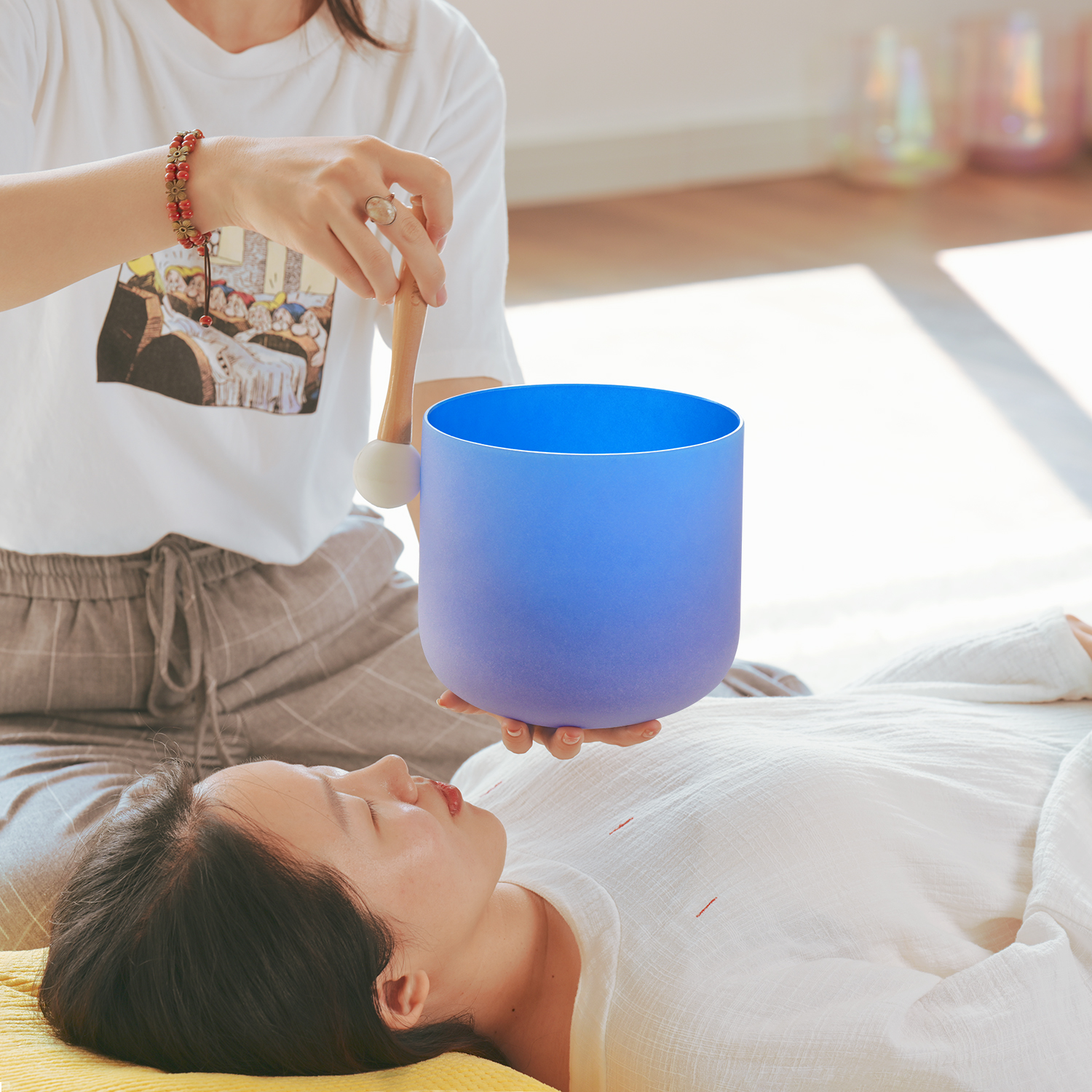 CVNC G Note Throat Chakra Blue Color Frosted Crystal Singing Bowl  For Chakra Healing Meditation