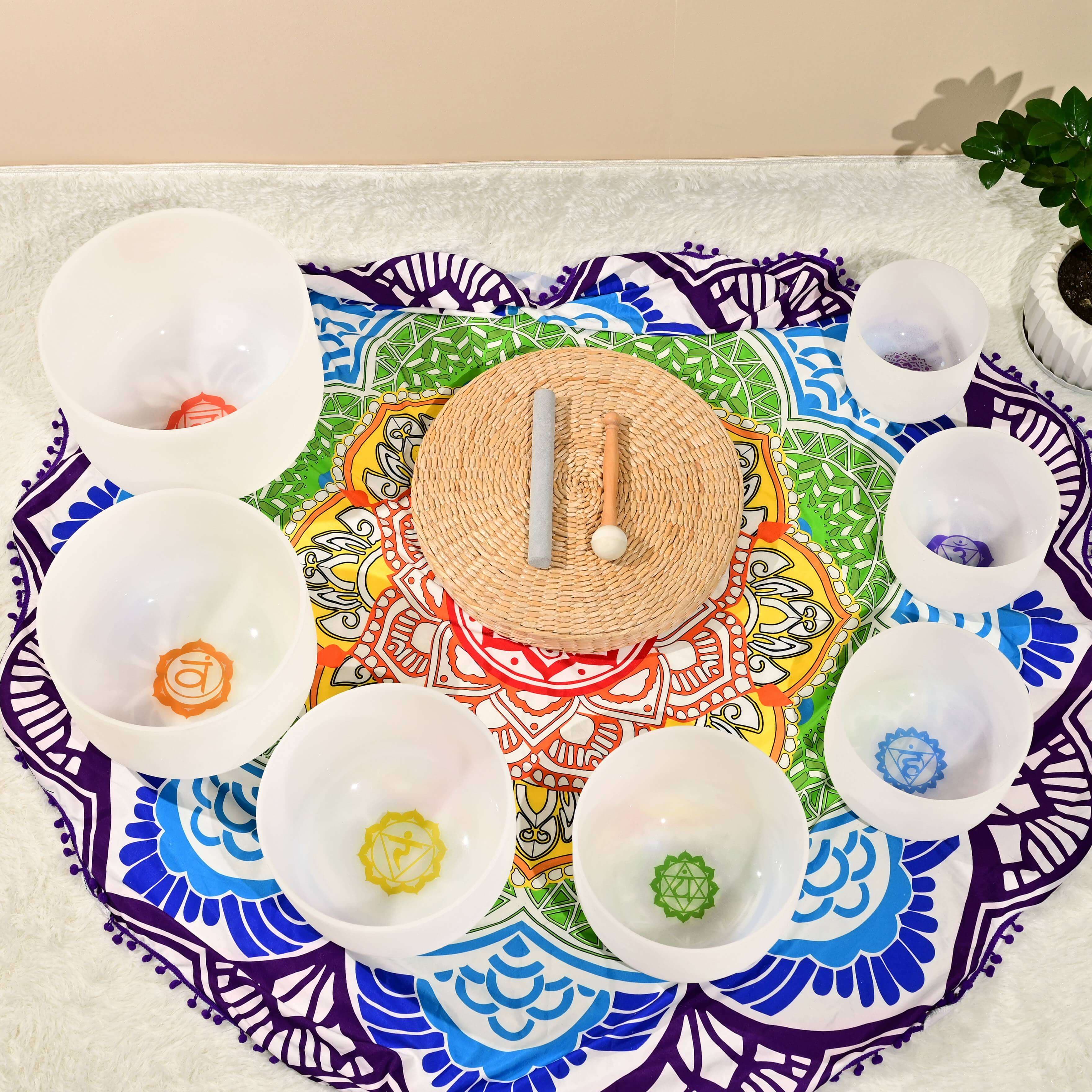 CVNC 6-12 Inch Chakra Symbol Design Crystal Singing Bowl Set With Carrier Bag For Chakra Healing Meditation