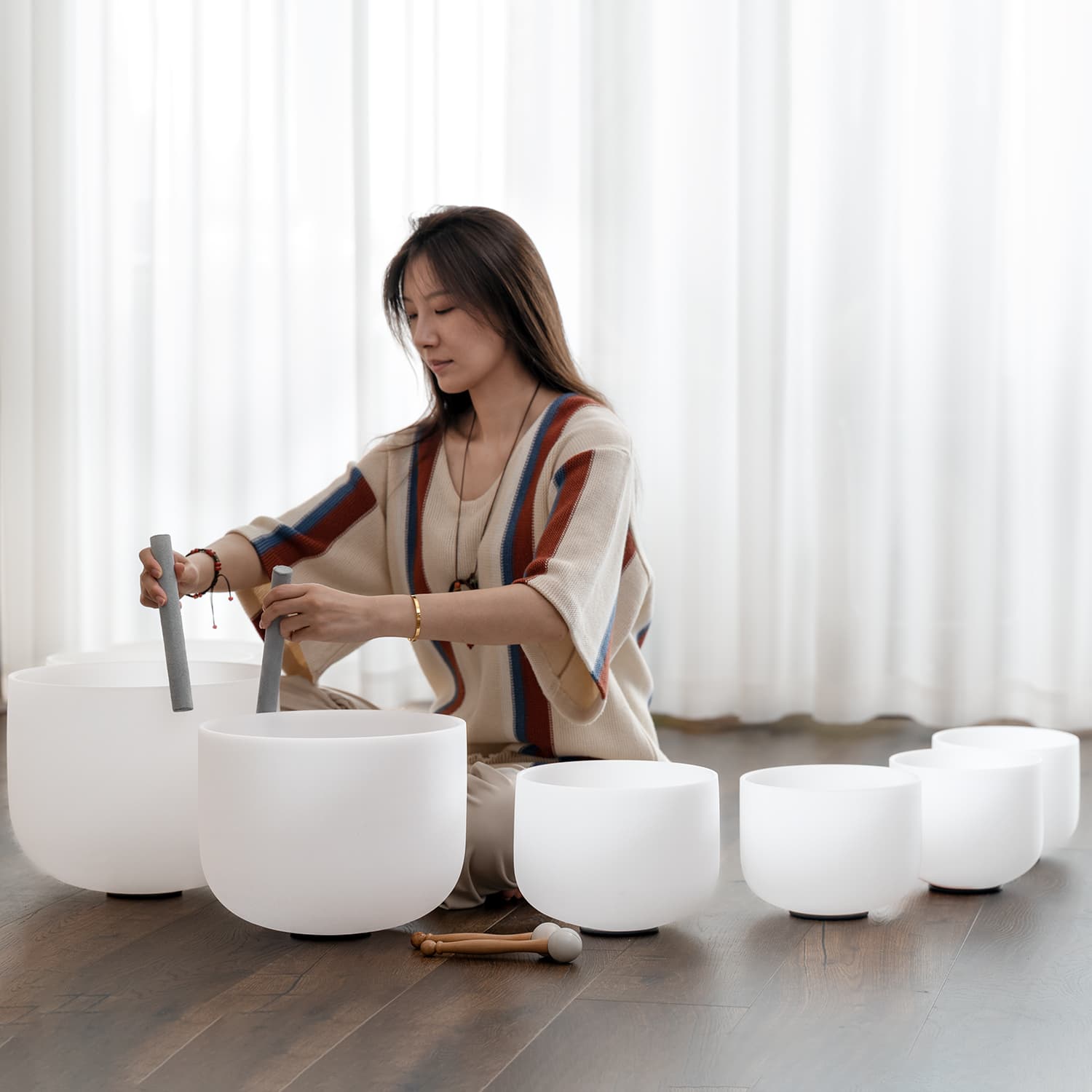 CVNC 8 PCS 8-14 Inch Frosted Crystal Singing Bowl Set With Carrier Bag For Chakra Healing Meditation