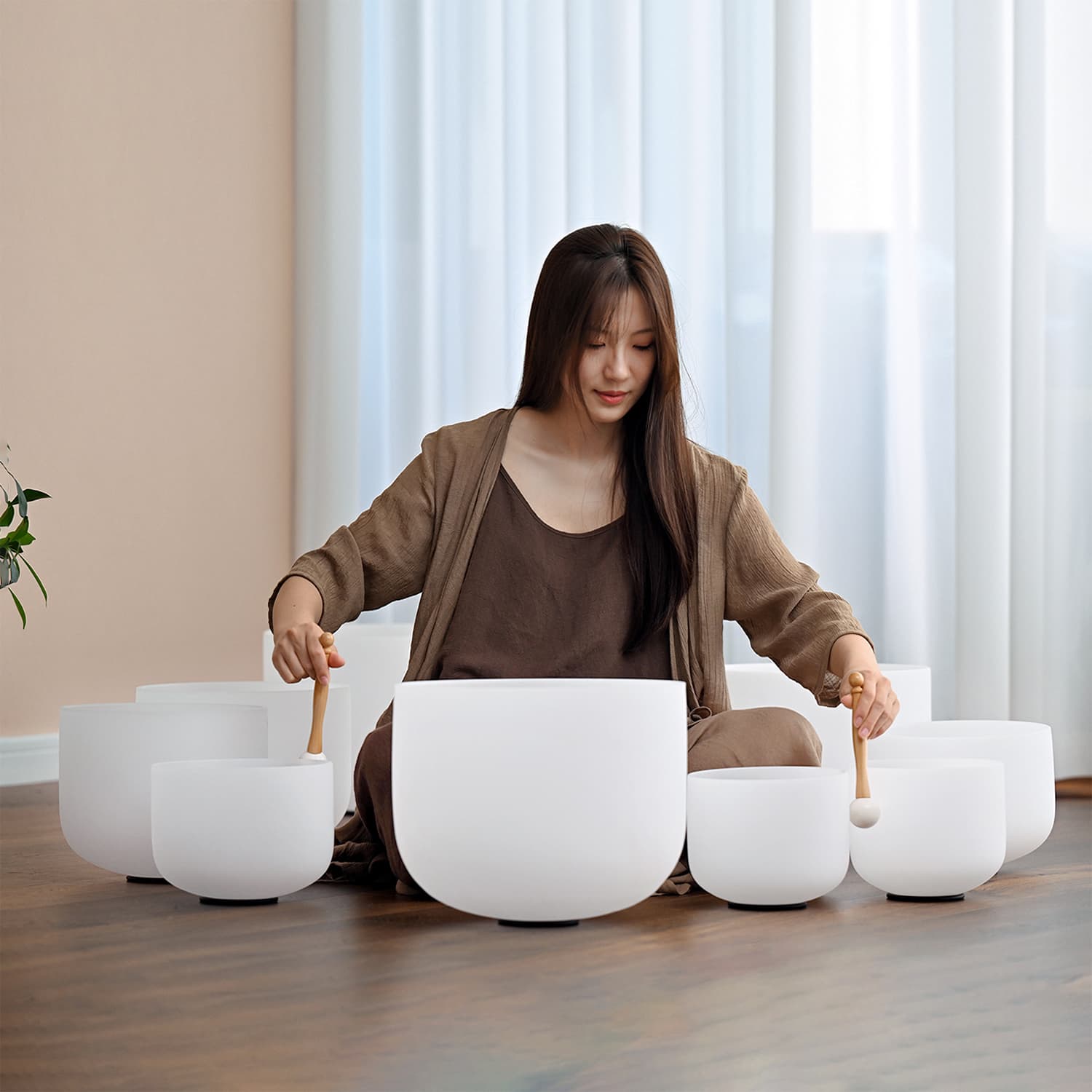 CVNC 8-14 Inch 9 PCS Frosted White Crystal Singing Bowl Set With Carrier Bag For Sound Bath Meditation