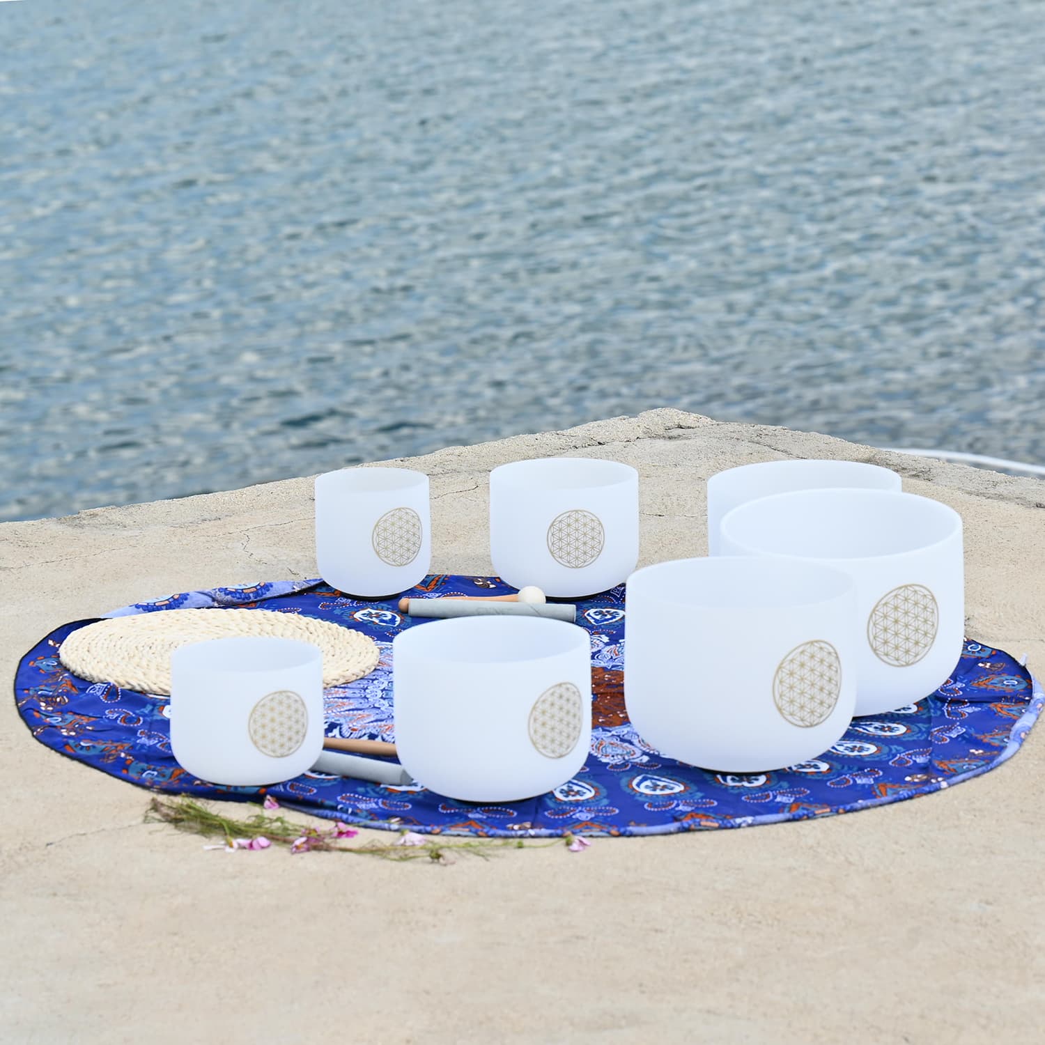CVNC 6-12 Inch 7 PCS Flower Of Life Frosted Quartz Crystal Singing Bowl Set With Carrier Bag For Sound Bath Meditation
