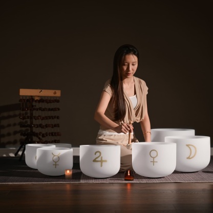 CVNC 7 PCS 6-12 Inch Pattern Frosted Crystal Singing Bowl Set With Carrier Bag For Sound Healing