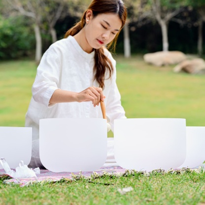 CVNC 7 PCS 9-16 Inch Frosted Crystal Singing Bowl Set With Carrier Bag For Sound Healing