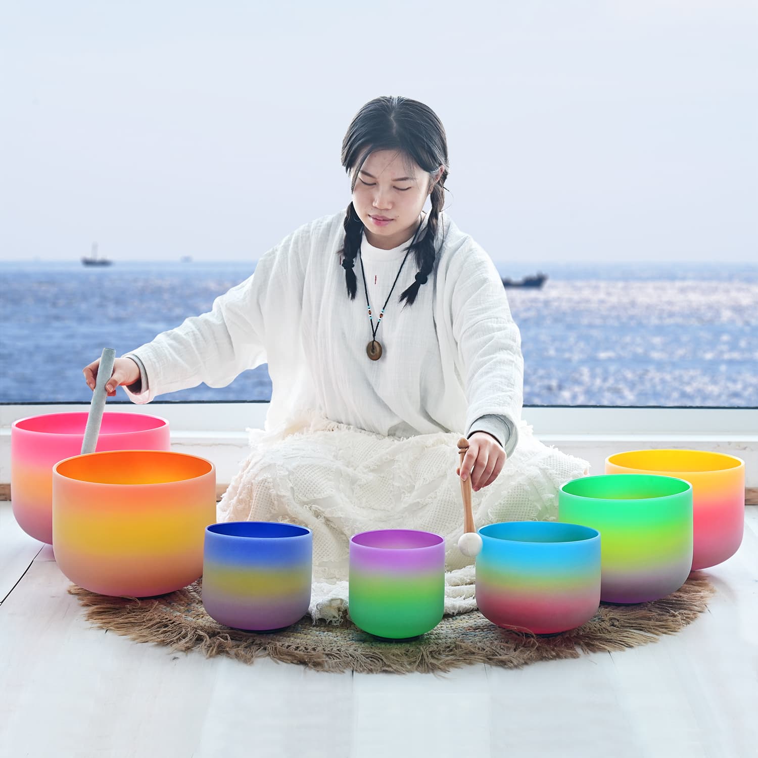 CVNC 6-12 Inch Rainbow Color Frosted Quartz Crystal Singing Bowl Set With Carrier Bag For Sound Bath Meditation