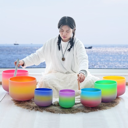 CVNC 6-12 Inch Rainbow Color Frosted Quartz Crystal Singing Bowl Set With Carrier Bag For Sound Bath Meditation