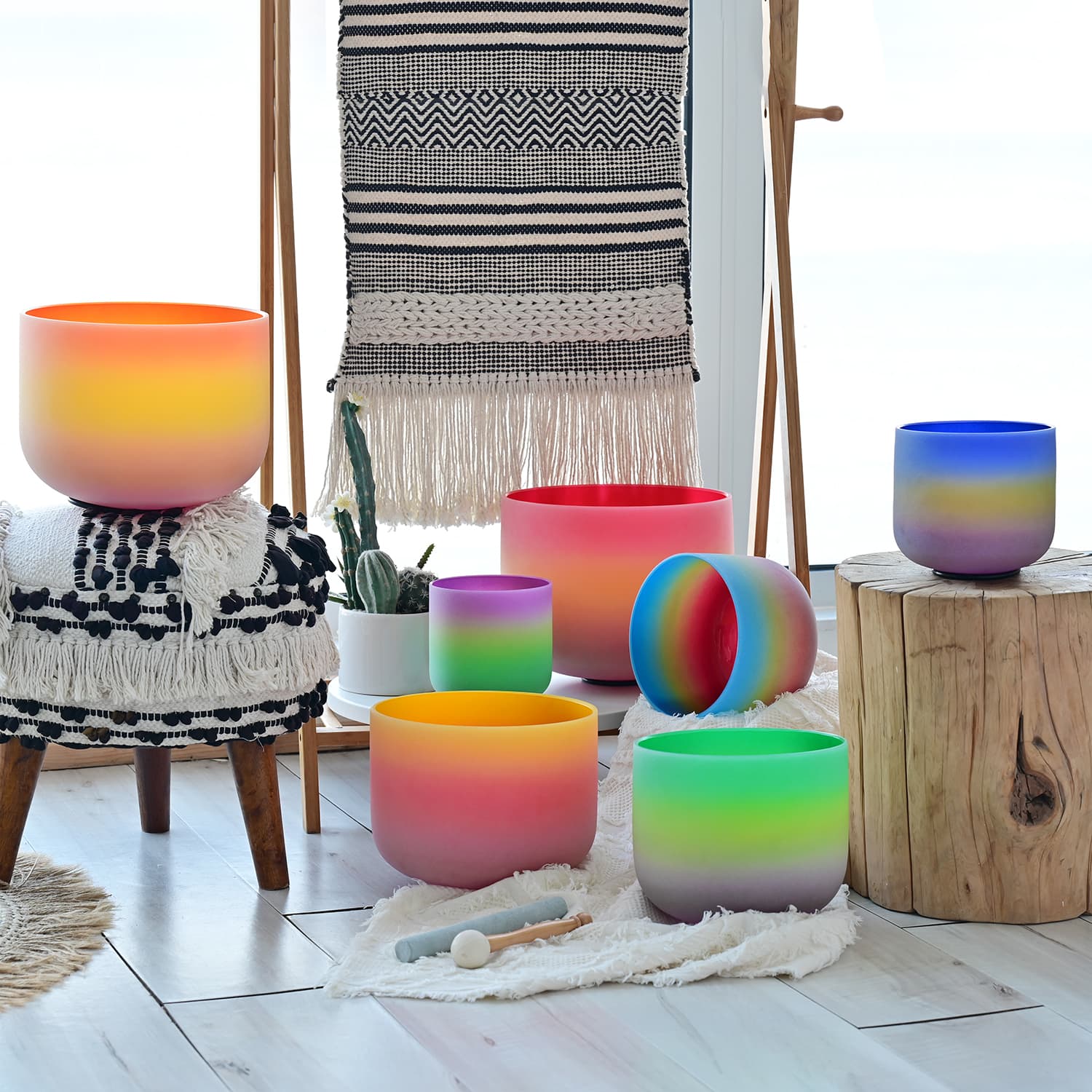 CVNC 6-12 Inch Rainbow Color Frosted Quartz Crystal Singing Bowl Set With Carrier Bag For Sound Bath Meditation