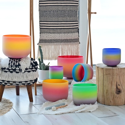CVNC 6-12 Inch Rainbow Color Frosted Quartz Crystal Singing Bowl Set With Carrier Bag For Sound Bath Meditation