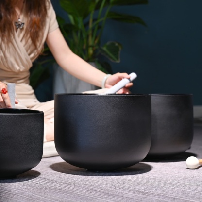 CVNC 7 PCS 8-14 Inch Black Colored Frosted Crystal Singing Bowl Set With Carrier Bag For Sound Healing