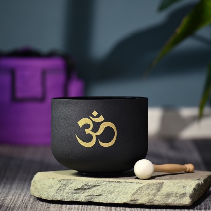 CVNC Prefect Pitch 432Hz Chakra OM Symbol Black Frosted Quartz Crystal Singing Bowl For Meditation Healing