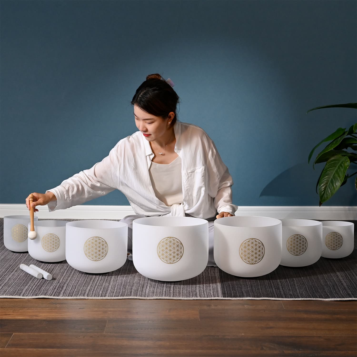 CVNC 7 PCS 8-14 Inch Flower Of Life Frosted Quartz Crystal Singing Bowl Set With Carrier Bag For Sound Bath Meditation
