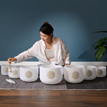 CVNC 7 PCS 8-14 Inch Flower Of Life Frosted Quartz Crystal Singing Bowl Set With Carrier Bag For Sound Bath Meditation