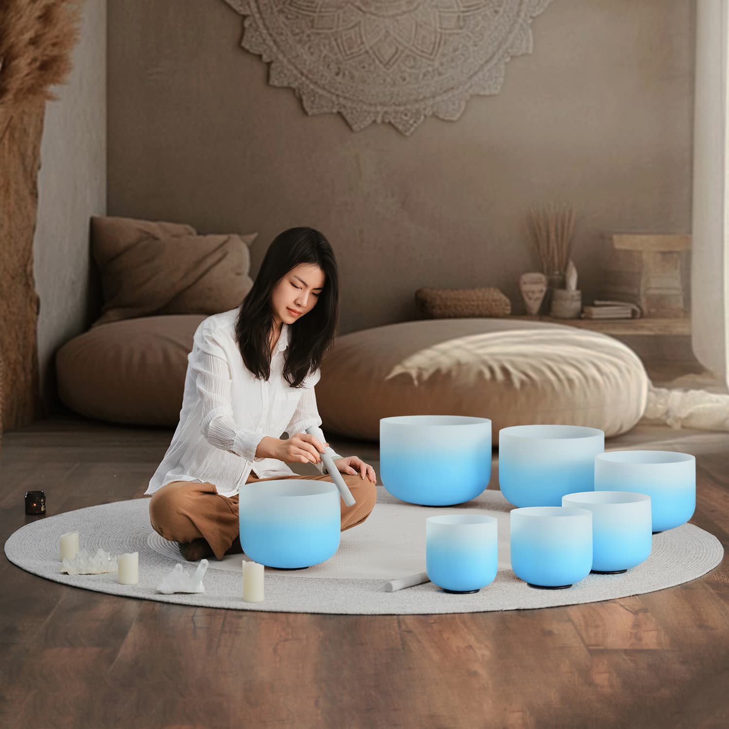 CVNC 6-12 7PCS Blue Aria Gradient Design Crystal Singing Bowl Set With Grey Carrier Bag For Chakra Healing Meditation