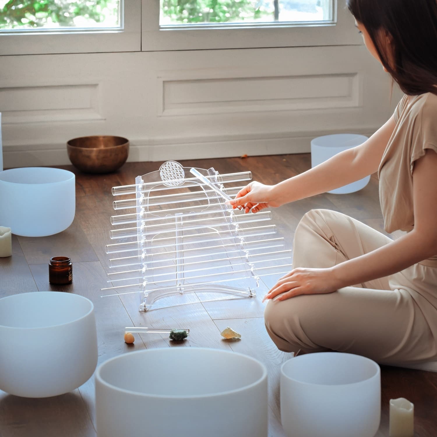 CVNC 432HZ 8 Note CDEFGABC Quartz Crystal Singing Harp With Flower of Life Including  Alumina Alloy Box For Meditation Healing