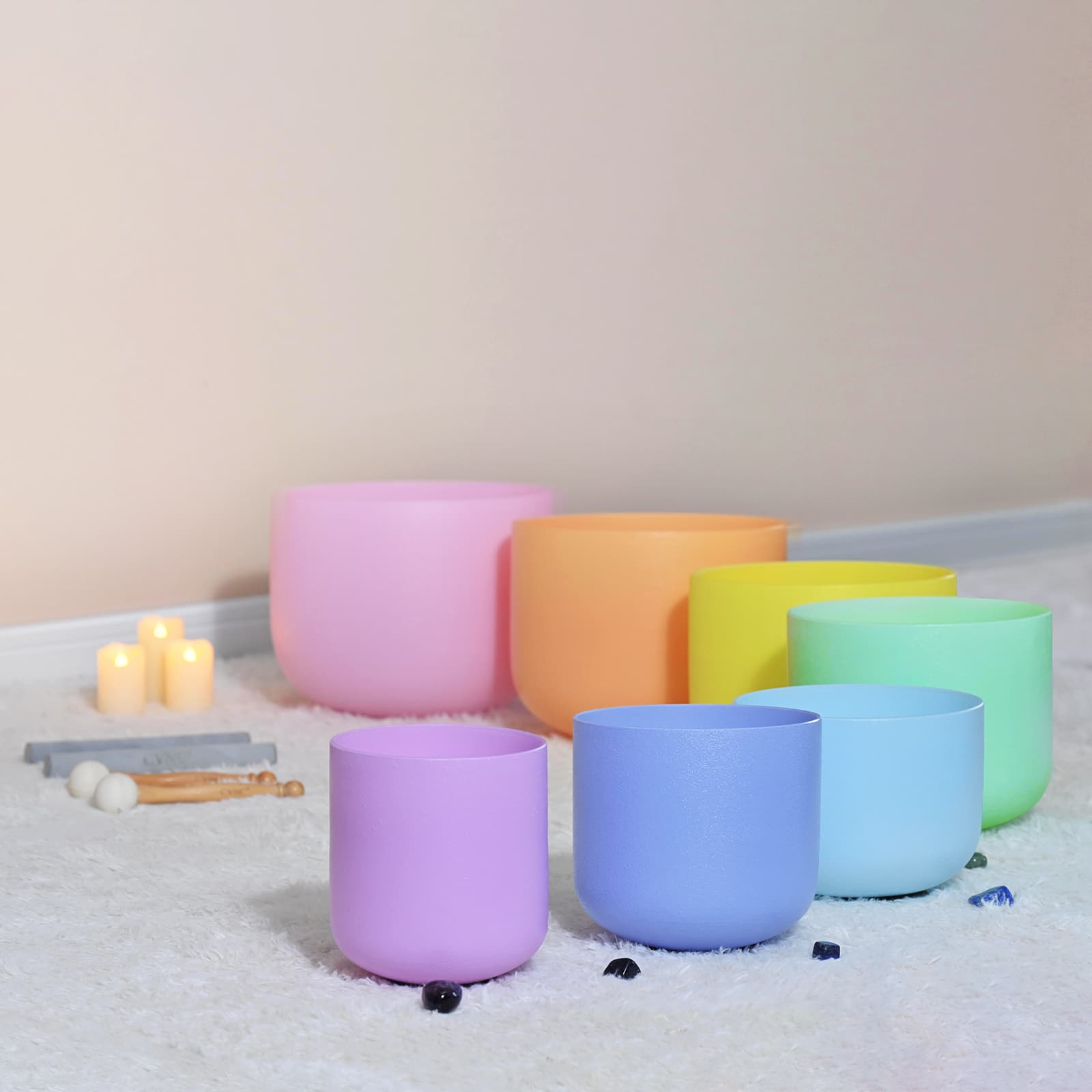 CVNC Macaron Artist Pastel Collections 6-12 Inch Crystal Singing Bowl Set With Carrier Bag For Chakra Healing Meditation