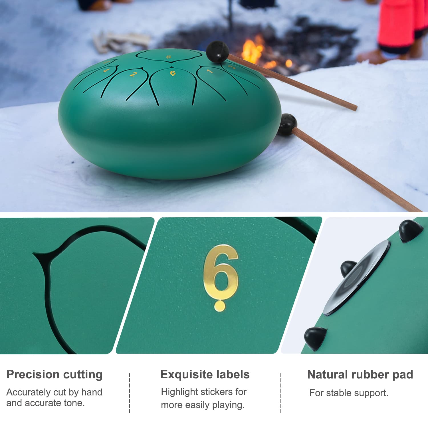 CVNC 12 Inches 13 Notes Green Lotus Steel Tongue Drum Percussion Instrument Hand Pan Drum with Free Padded Travel Bag & Mallets