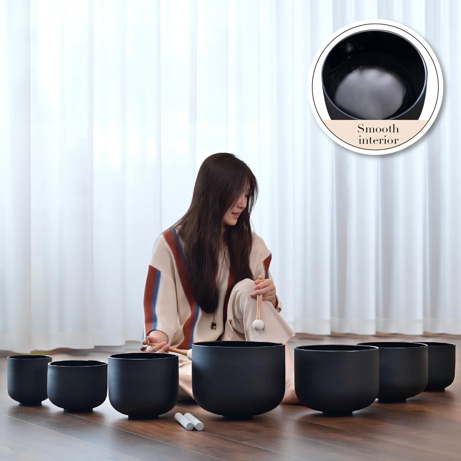 CVNC Black Quartz Crystal Singing Bowl Chakra Set
