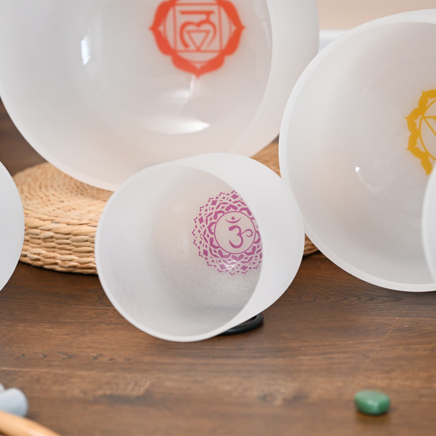 CVNC 6-12 Inch Chakra Symbol Design Crystal Singing Bowl Set With Carrier Bag For Chakra Healing Meditation
