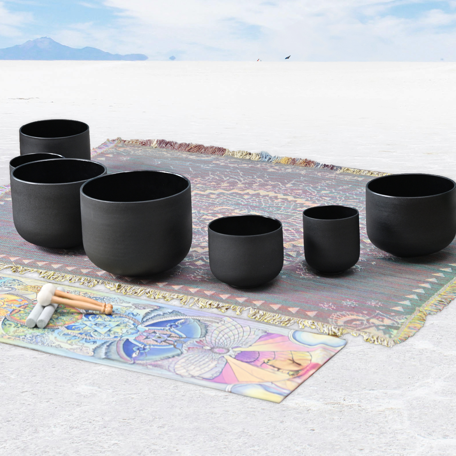 CVNC Black Quartz Crystal Singing Bowl Chakra Set