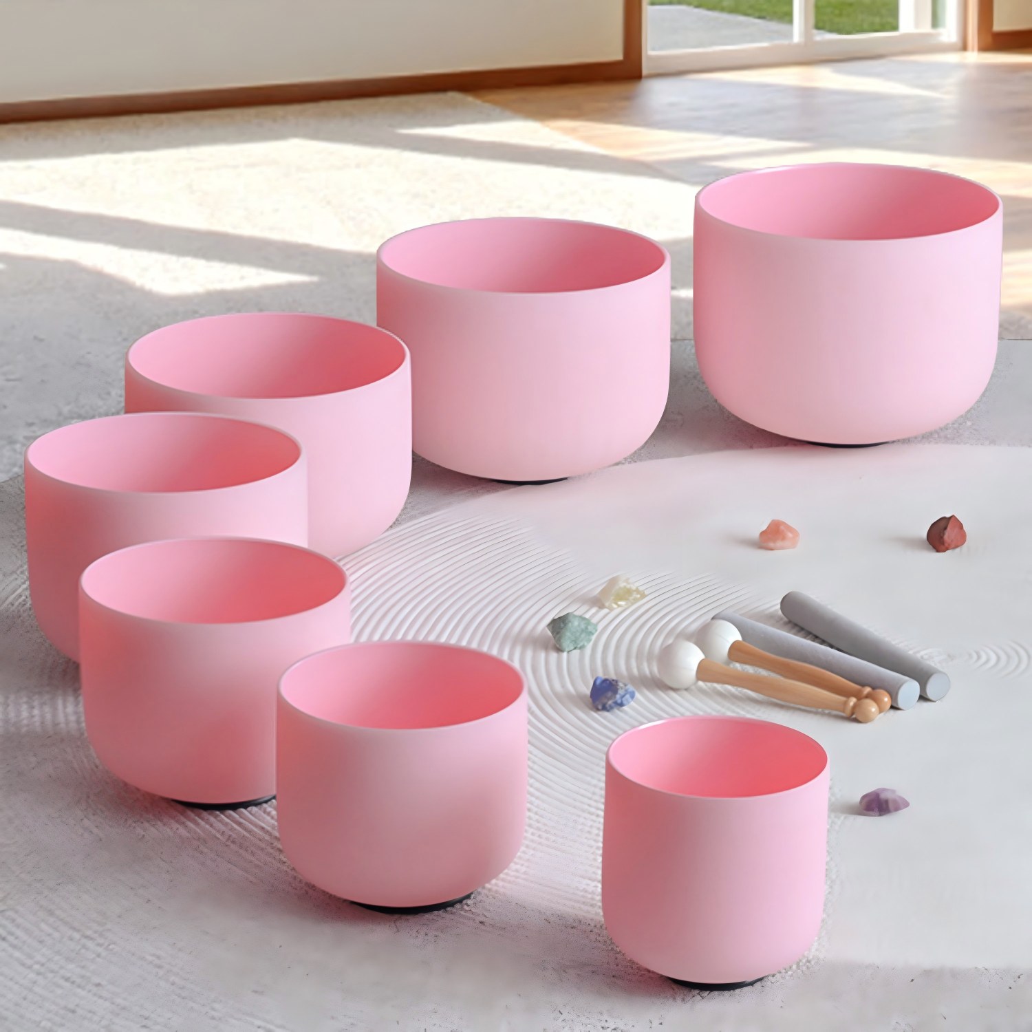 CVNC Pink Color Frosted Quartz Crystal Singing Bowls Chakra Set of 7 with Carry Case Bags
