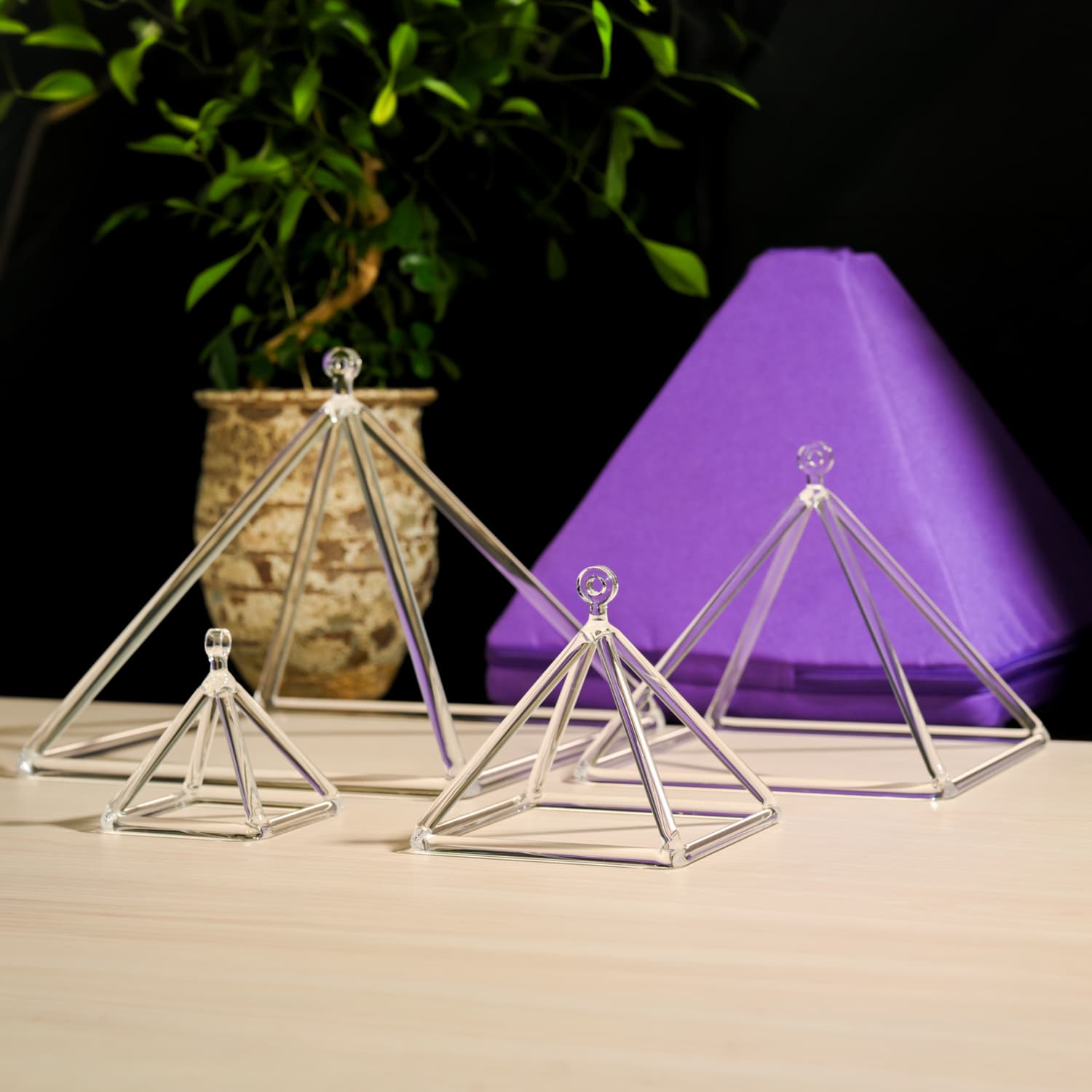 Clear Quartz Crystal Singing Pyramid Set with Carrier Bag