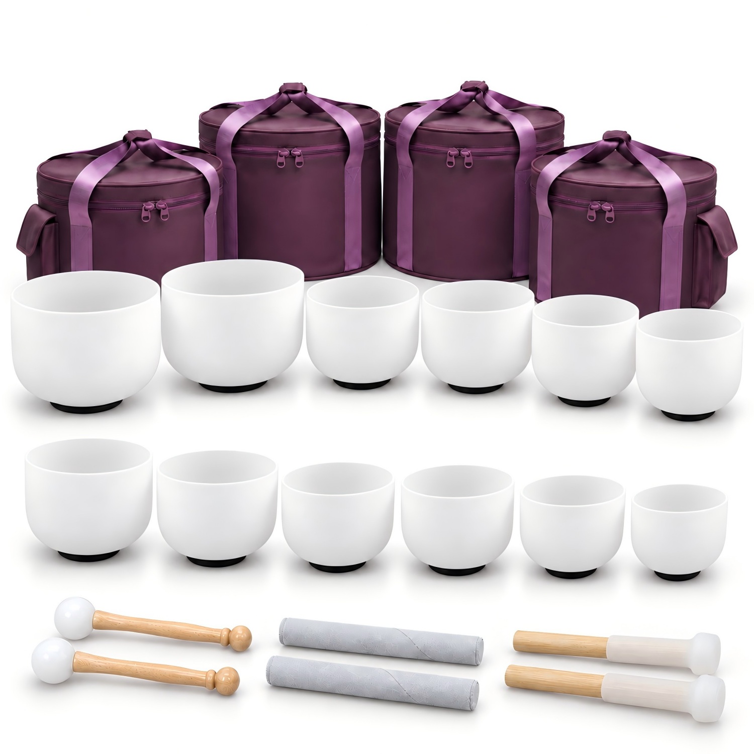 CVNC 7-14 Inch 12 PCS Frosted White Crystal Singing Bowl Set With Carrier Bag