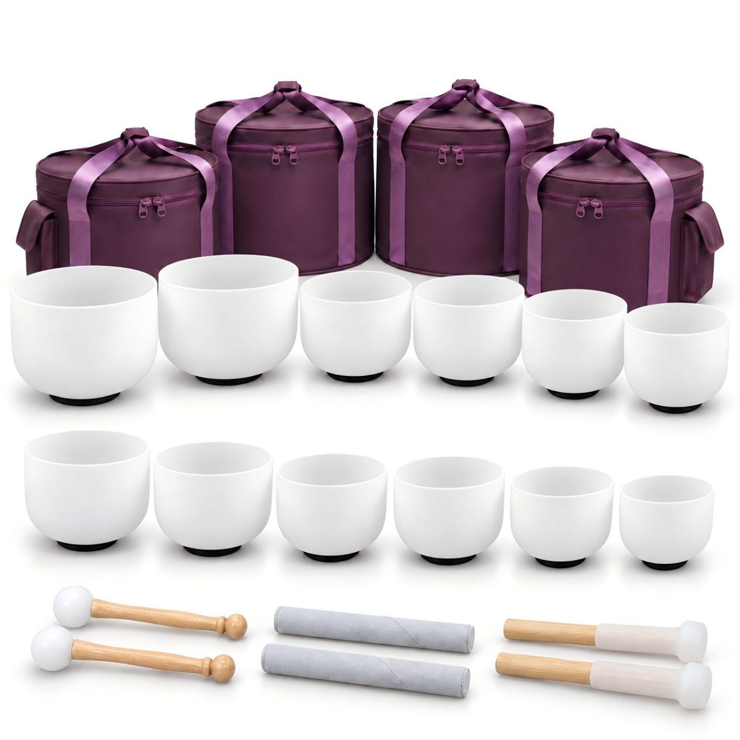 CVNC 7-14 Inch 12 PCS Frosted White Crystal Singing Bowl Set With Carrier Bag