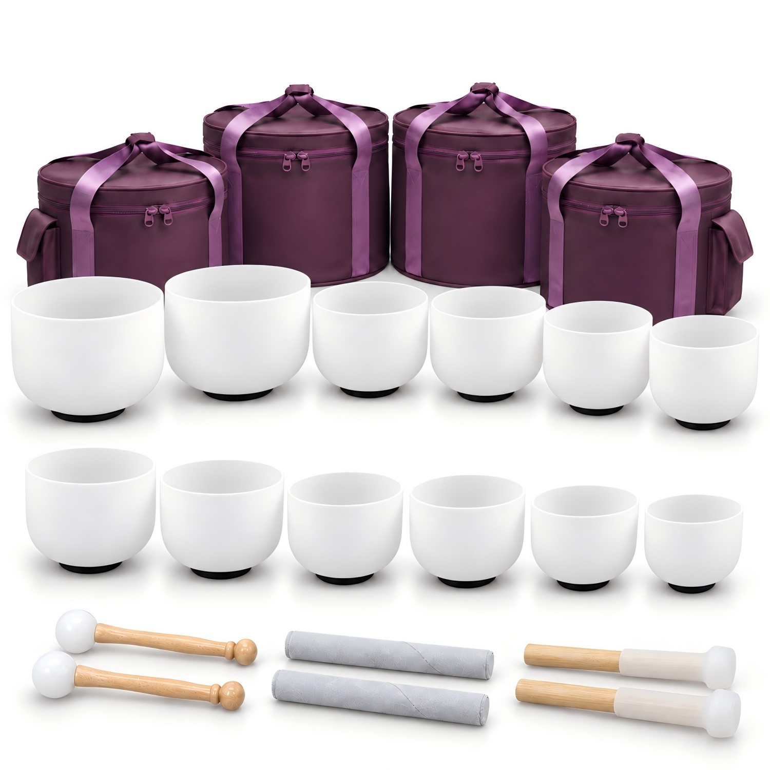 CVNC 7-14 Inch 12 PCS Frosted White Crystal Singing Bowl Set With Carrier Bag