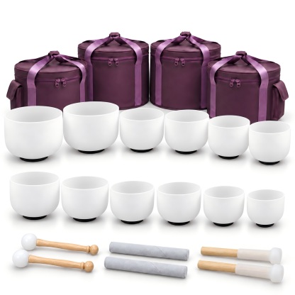 CVNC 7-14 Inch 12 PCS Frosted White Crystal Singing Bowl Set With Carrier Bag