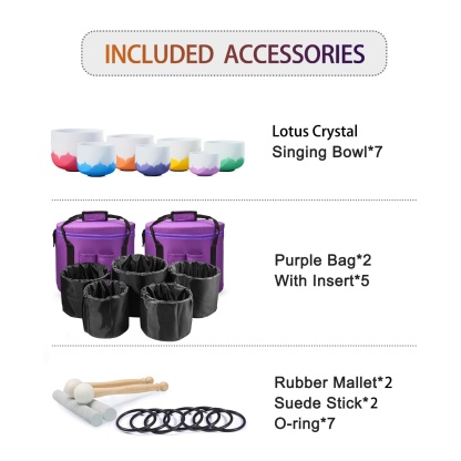 CVNC 8-14 Inch 7 PCS Lotus Symbol Crystal Singing Bowl Set With Carrier Bag For Sound Healing