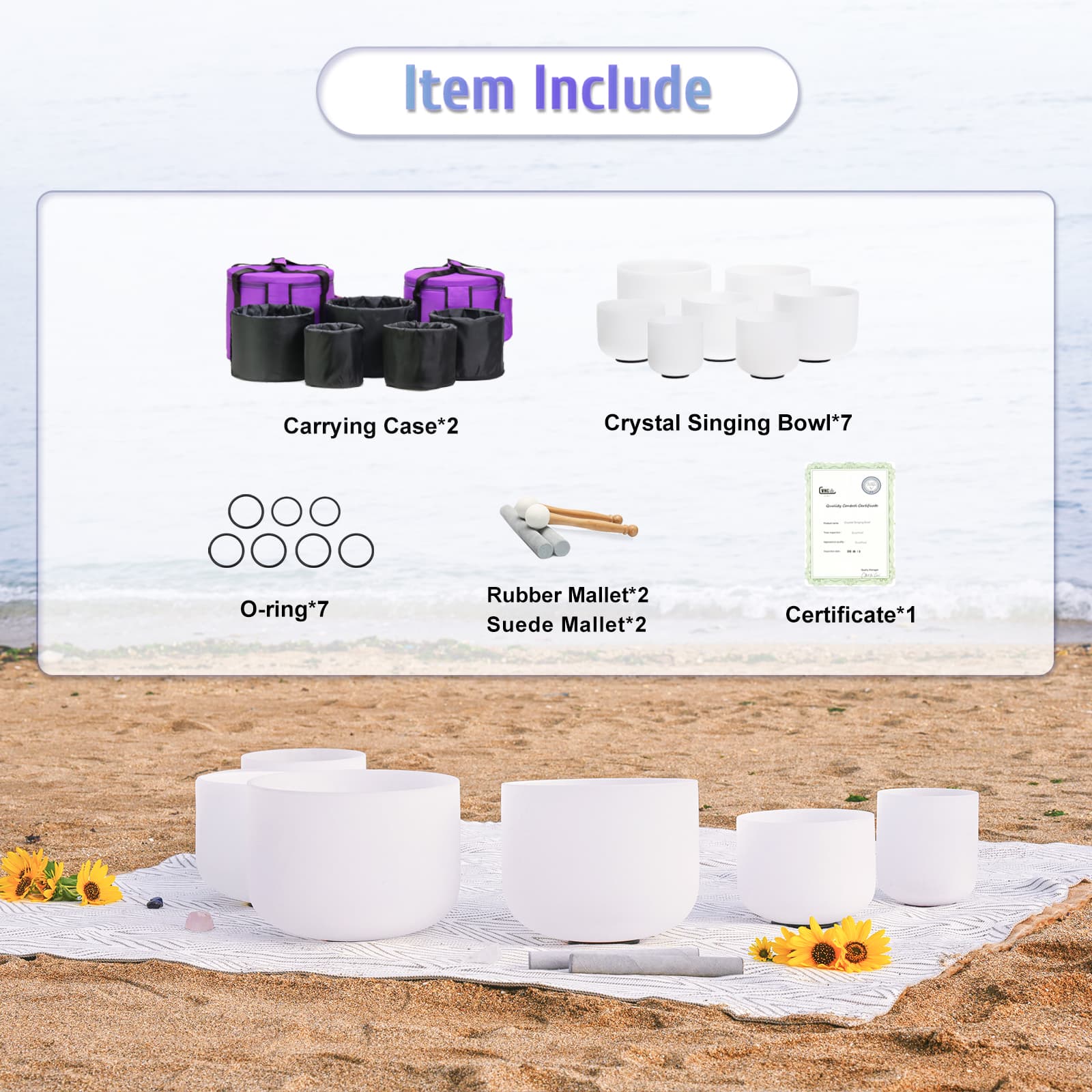 CVNC 7-12 Inch 7 PCS Frosted White Crystal Singing Bowl Set With Carrier Bag For Sound Bath Meditation