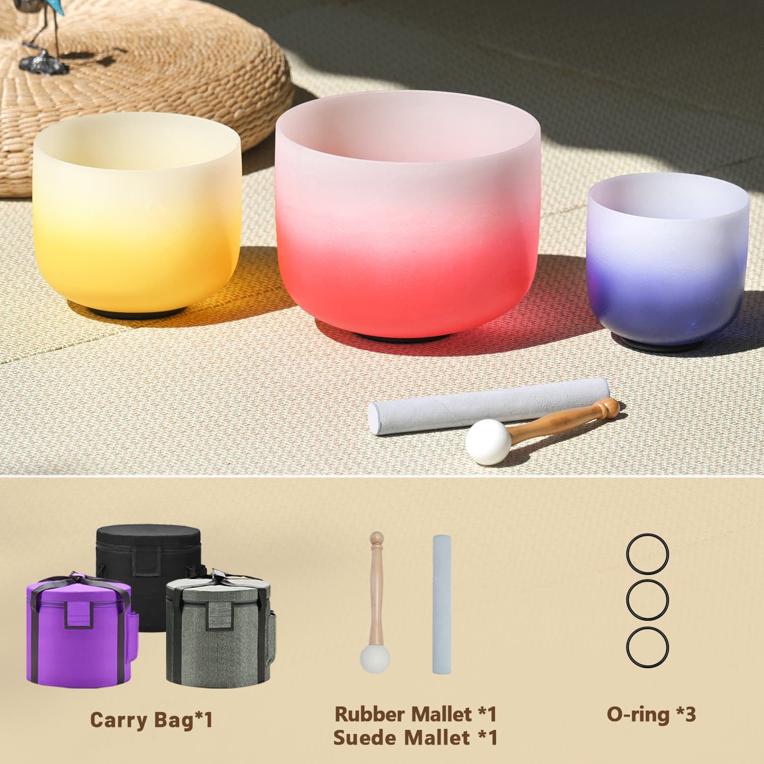 CVNC 6-10″ 3-Note Perfect Pitch Chakra Crystal Singing Bowl Set with Bag