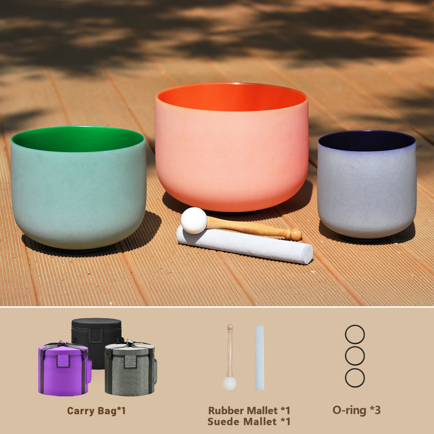 CVNC 6-10 Inch Set of 3 Color Crystal Singing Bowls in Carry Bag