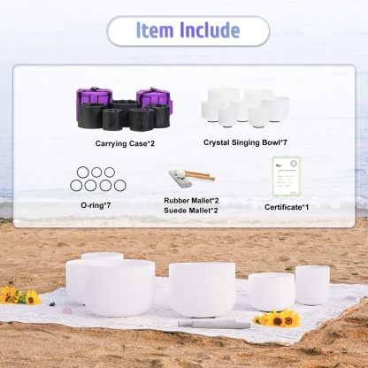 CVNC 7-12 Inch 7 PCS Frosted White Crystal Singing Bowl Set With Carrier Bag For Sound Bath Meditation