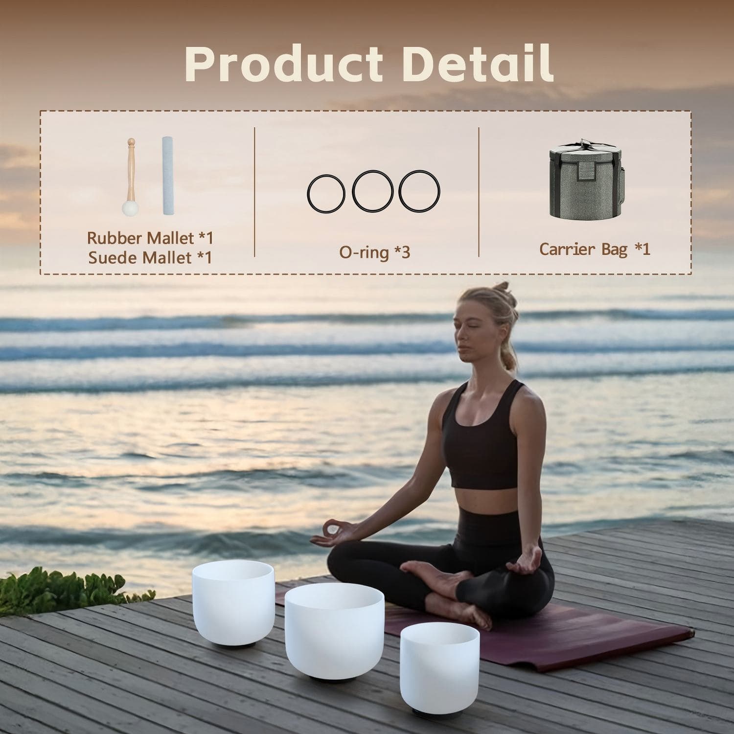 CVNC 6"A 7"C 8"F  Frosted Quartz Crystal Singing Bowl Set With Carrier Bag