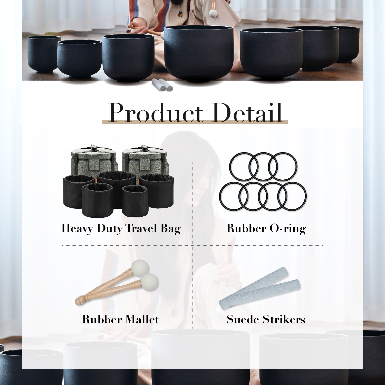 CVNC Black Quartz Crystal Singing Bowl Chakra Set