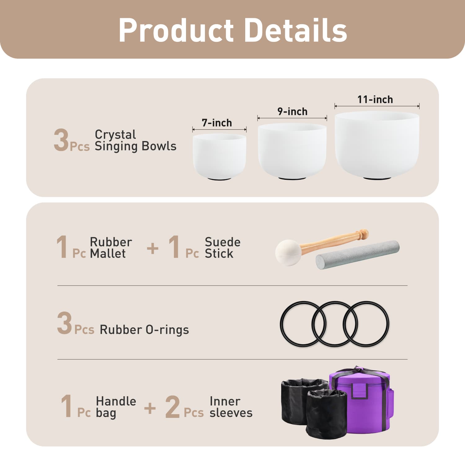 CVNC 7"G 9"E 11"C Frosted Quartz Crystal Singing Bowl Set With Carrier Bag For Sound Healing