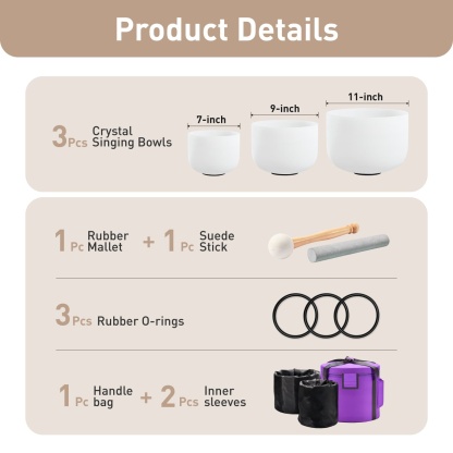 CVNC 7"G 9"E 11"C Frosted Quartz Crystal Singing Bowl Set With Carrier Bag For Sound Healing