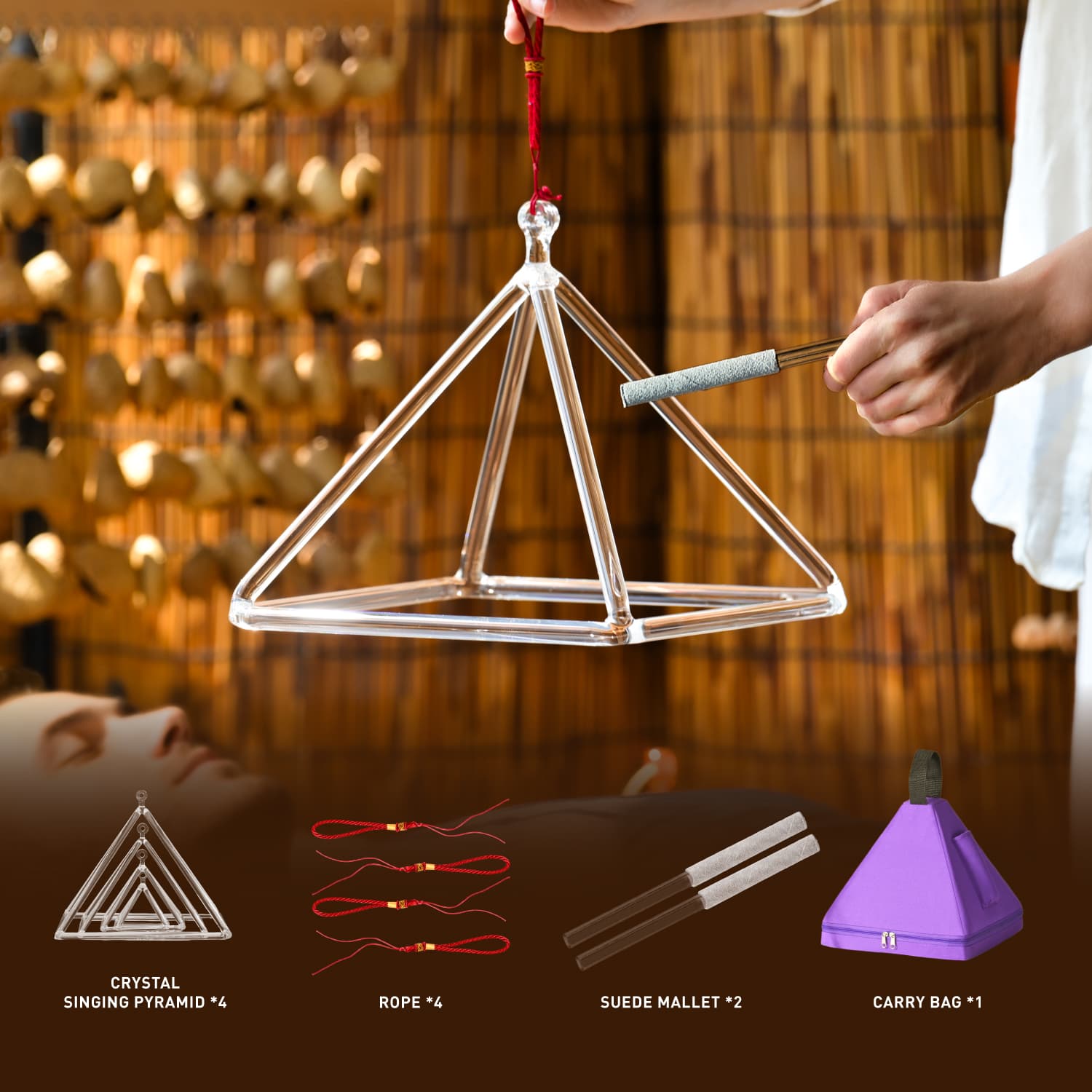 Clear Quartz Crystal Singing Pyramid Set with Carrier Bag
