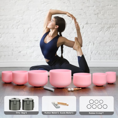 CVNC 6-12 Inch Pink Color Frosted Quartz Crystal Singing Bowls Chakra Set of 7 with Carry Case Bags for Sound Healing and Meditation