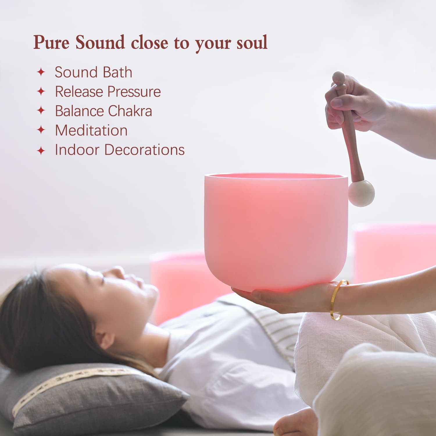 CVNC 6-12 Inch Pink Color Frosted Quartz Crystal Singing Bowls Chakra Set of 7 with Carry Case Bags for Sound Healing and Meditation