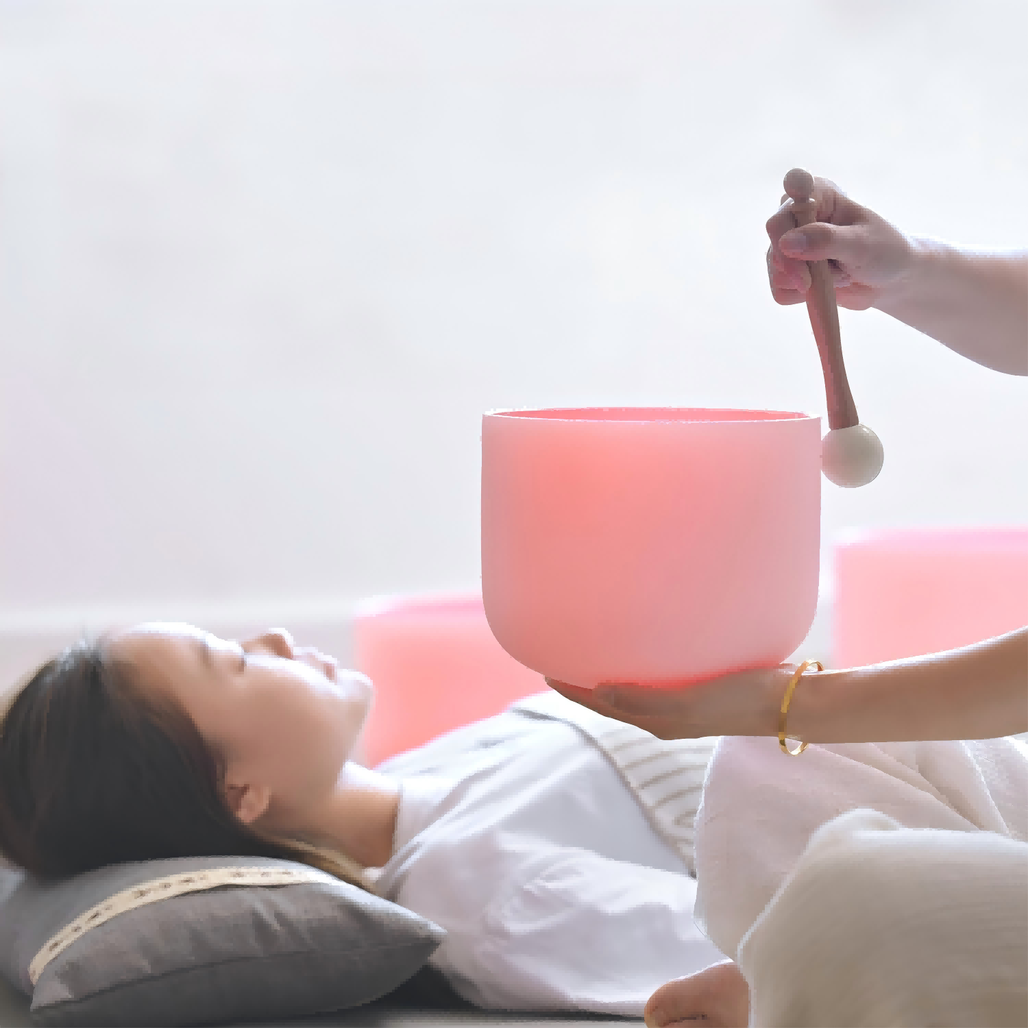 CVNC 6-12 Inch Pink Color Frosted Quartz Crystal Singing Bowls Chakra Set of 7 with Carry Case Bags for Sound Healing and Meditation