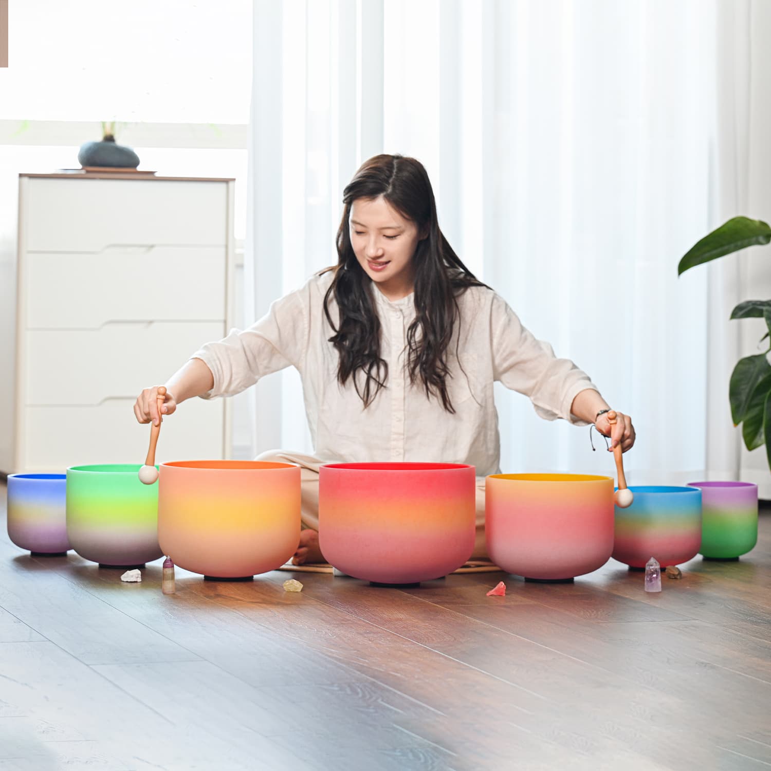 CVNC 8-14 Inch Rainbow Color Frosted Quartz Crystal Singing Bowl Set With Carrier Bag For Sound Healing