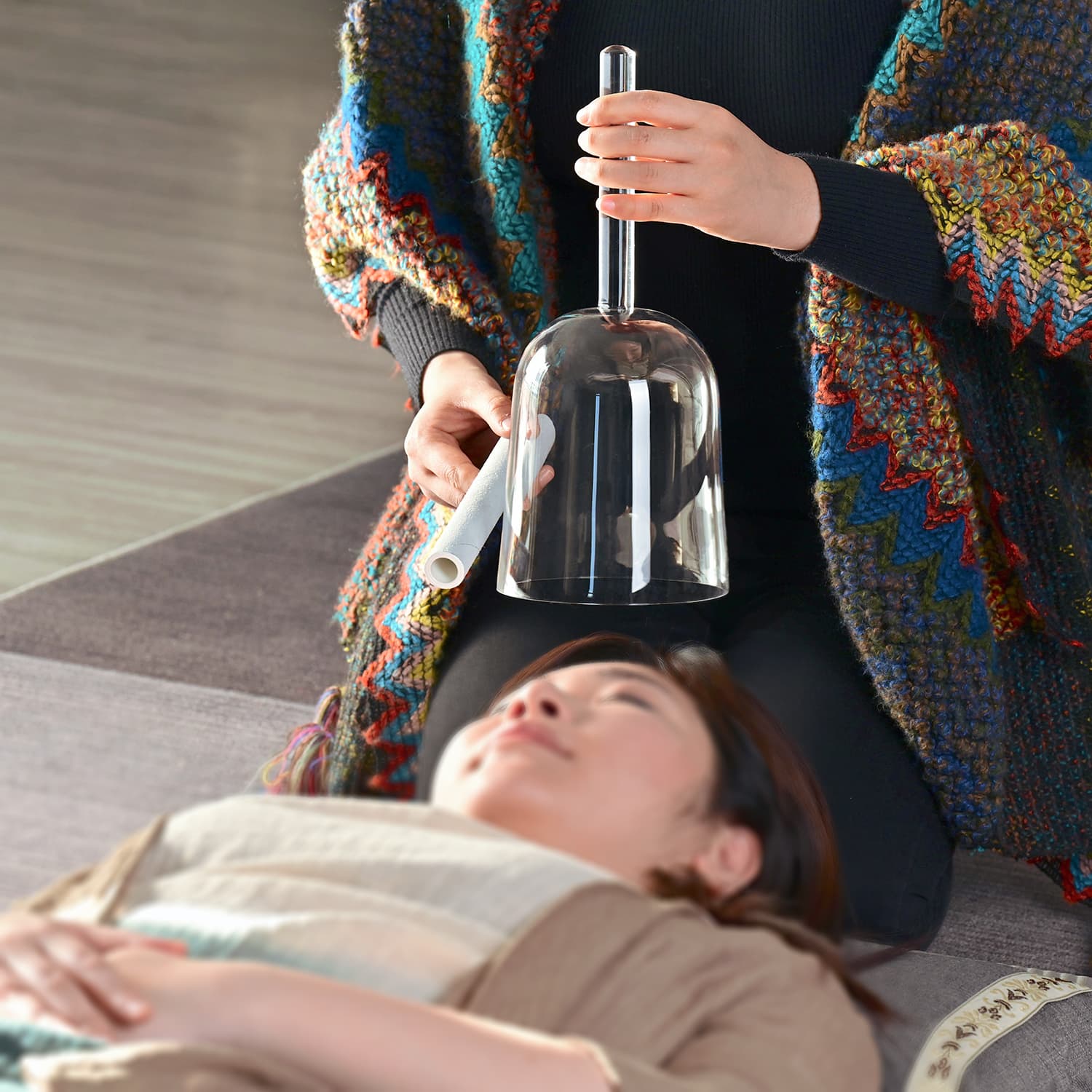 CVNC Handle Clear Crystal Singing Bowl With Carrier Bag For Chakra Healing Meditation